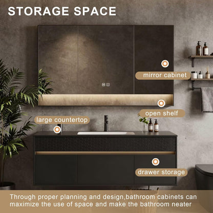 40”-64”Double Vanity, Black Floating Cabinet with LED Mirror Cabinet & Open Shelf