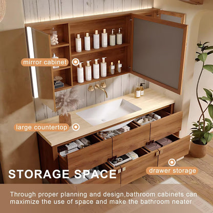 40”-64”Single Sink Floating Bathroom Vanity with LED Backlit Mirror, Light Oak Wood Cabinet
