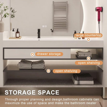 40”-72”Wall Mounted Bathroom Vanity with Arch LED Mirror, Floating Cabinet with Open Shelves, Modern Minimalist, White