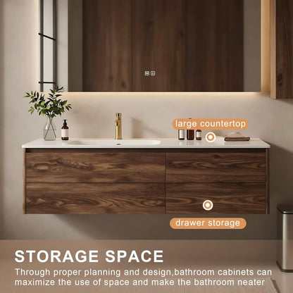 40”-72”Floating Bathroom Vanity with Sink & LED Defog Mirror, Wall Mounted Walnut Wood Vanity with Storage Drawers, Modern Bathroom Cabinet