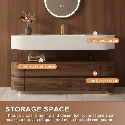 40”-64”Floating Bathroom Vanity with Oval LED Defog Mirror, Wall Mounted Walnut Wood Vanity with Integrated Sink & Storage Drawers
