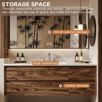 40”-64”Single Sink Floating Bathroom Vanity with LED Backlit Mirror, Walnut Wood Cabinet