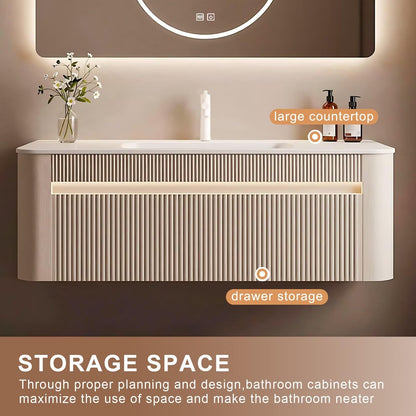 40”-64” Floating Bathroom Vanity with LED Round Defog Mirror, Wall Mounted Cream White Vanity Combo with Storage Drawers, Modern Cabinet