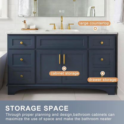 40”-64”Single Sink Freestanding Bathroom Vanity, Navy Blue Cabinet with Gold Hardware