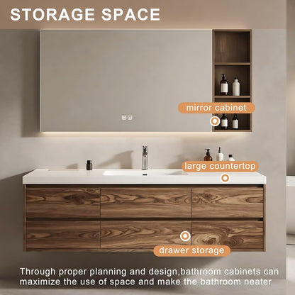 40”-64” Floating Double Sink Bathroom Vanity with LED Defog Mirror, Wall Mounted Wood Vanity Combo with Storage Drawers & Open Shelf