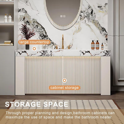40”-64” Fluted Vanity, White Modern Cabinet with Marble Top & Oval LED Mirror