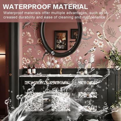40”-64”Freestanding Bathroom Vanity with Oval Black Mirror, Black Wood Vanity with Marble Top & Floral Inlay