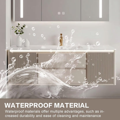 40”-64”Floating Bathroom Vanity with LED Mirror Cabinet, Fluted Light Gray Wall Mounted Vanity with White Top & Gold Hardware