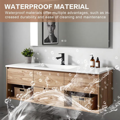 40”-64”Floating Bathroom Vanity with Sink & LED Defog Mirror, Wall Mounted Oak Wood Vanity with Storage Drawers, Modern Bathroom Cabinet