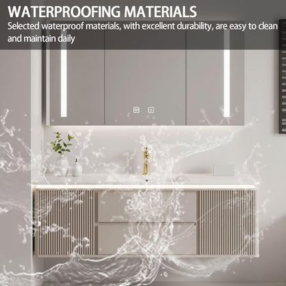 40"-64"Modern Cream Bathroom Vanity with Ribbed Front & Integrated Sink, LED Lighting