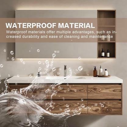 40”-64” Floating Double Sink Bathroom Vanity with LED Defog Mirror, Wall Mounted Wood Vanity Combo with Storage Drawers & Open Shelf