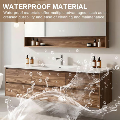 40”-64”Floating Bathroom Vanity with LED Mirror Cabinet, Wall Mounted Walnut Wood Vanity with Storage Drawers & Open Shelf