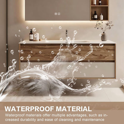 40”-64”Floating Bathroom Vanity with LED Backlit Mirror & Open Shelf, Walnut Wood Wall Mounted Vanity with White Top