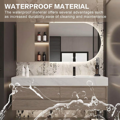 40”-72”Floating Bathroom Vanity with Asymmetrical LED Mirror & Open Shelf, Light Oak Wall Mounted Vanity with Marble Top