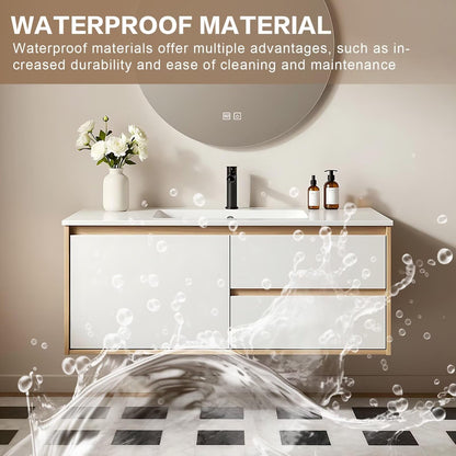 40”-64”Floating Bathroom Vanity with Round LED Defog Mirror, Wall Mounted White & Wood Vanity with Storage Drawers, Modern Cabinet