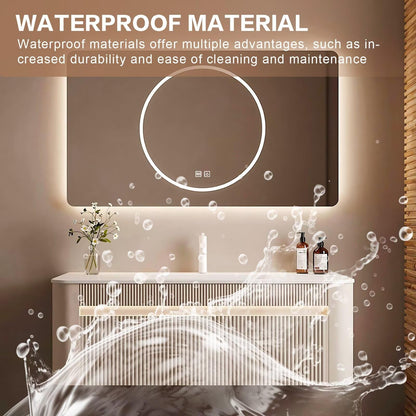 40”-64” Floating Bathroom Vanity with LED Round Defog Mirror, Wall Mounted Cream White Vanity Combo with Storage Drawers, Modern Cabinet