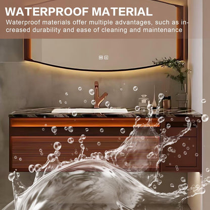40”-72” Floating Bathroom Vanity with Curved LED Defog Mirror, Wall Mounted Walnut Vanity with Marble Top & Storage Drawers