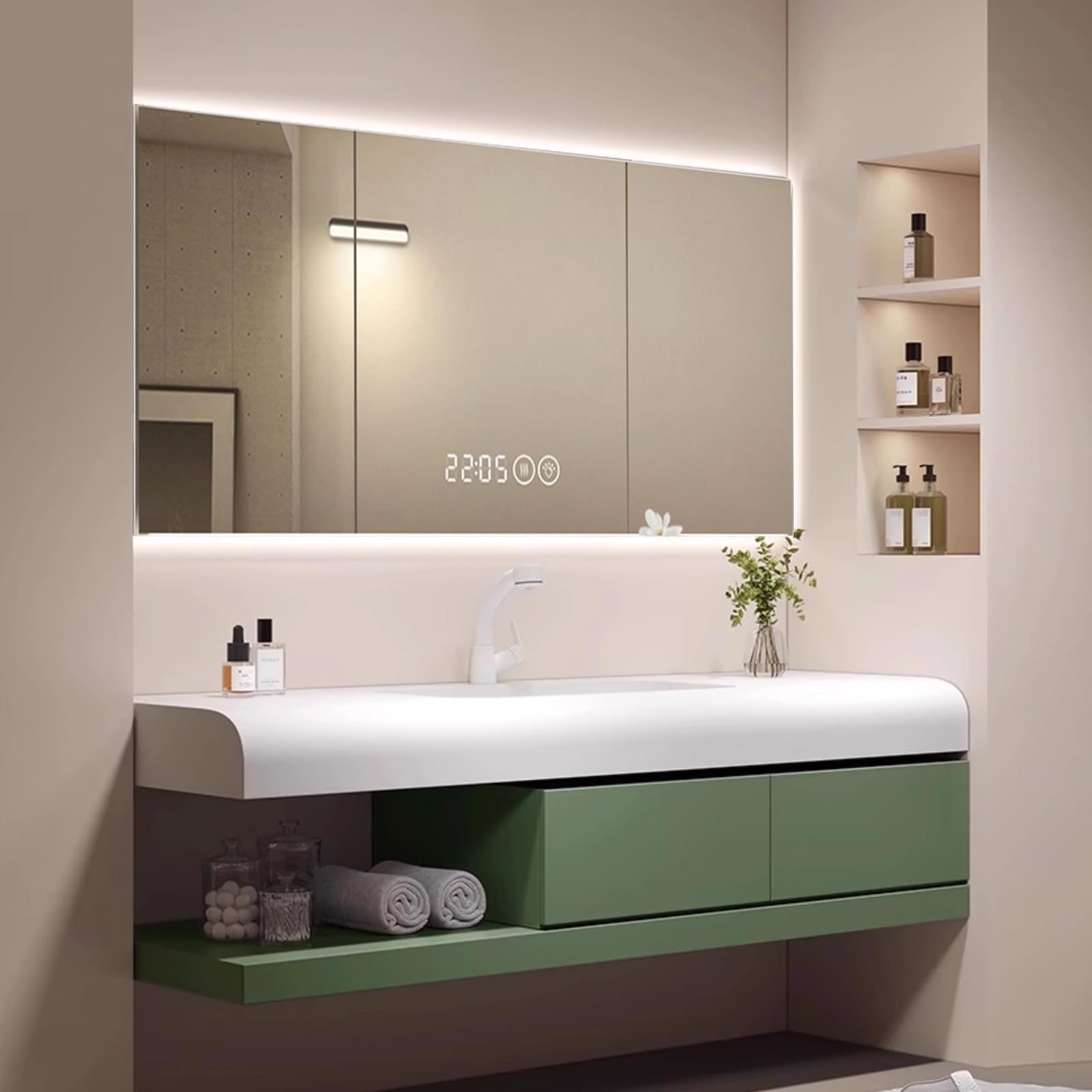 40"- 48" Floating Green Bathroom Vanity Set with LED Defogging Mirror Cabinet and Sink