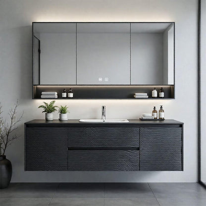 36”-58”Floating Black Bathroom Vanity with Wavy Texture & LED Lighted Mirror Cabinet