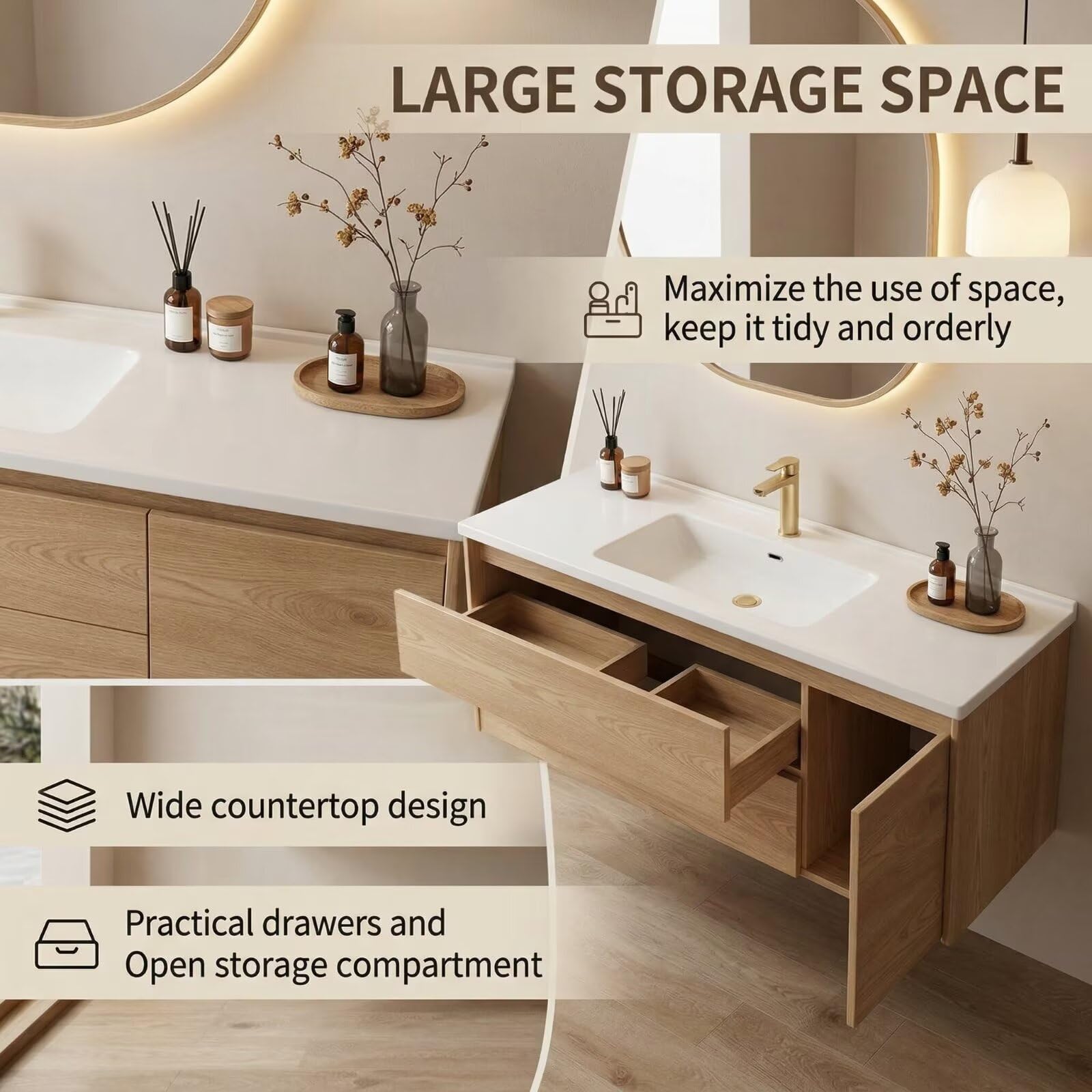 40”-64”Double Sink Floating Vanity with LED Oval Mirror,Light Wood Cabinet