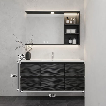 36”-58”Modern Dark Wood Vanity with Wave Pattern Doors, White Stone Top & Backlit LED Mirror