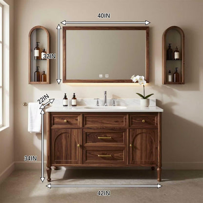 36"-64"Walnut Single Bathroom Vanity with Marble Countertop & LED Backlit Mirror
