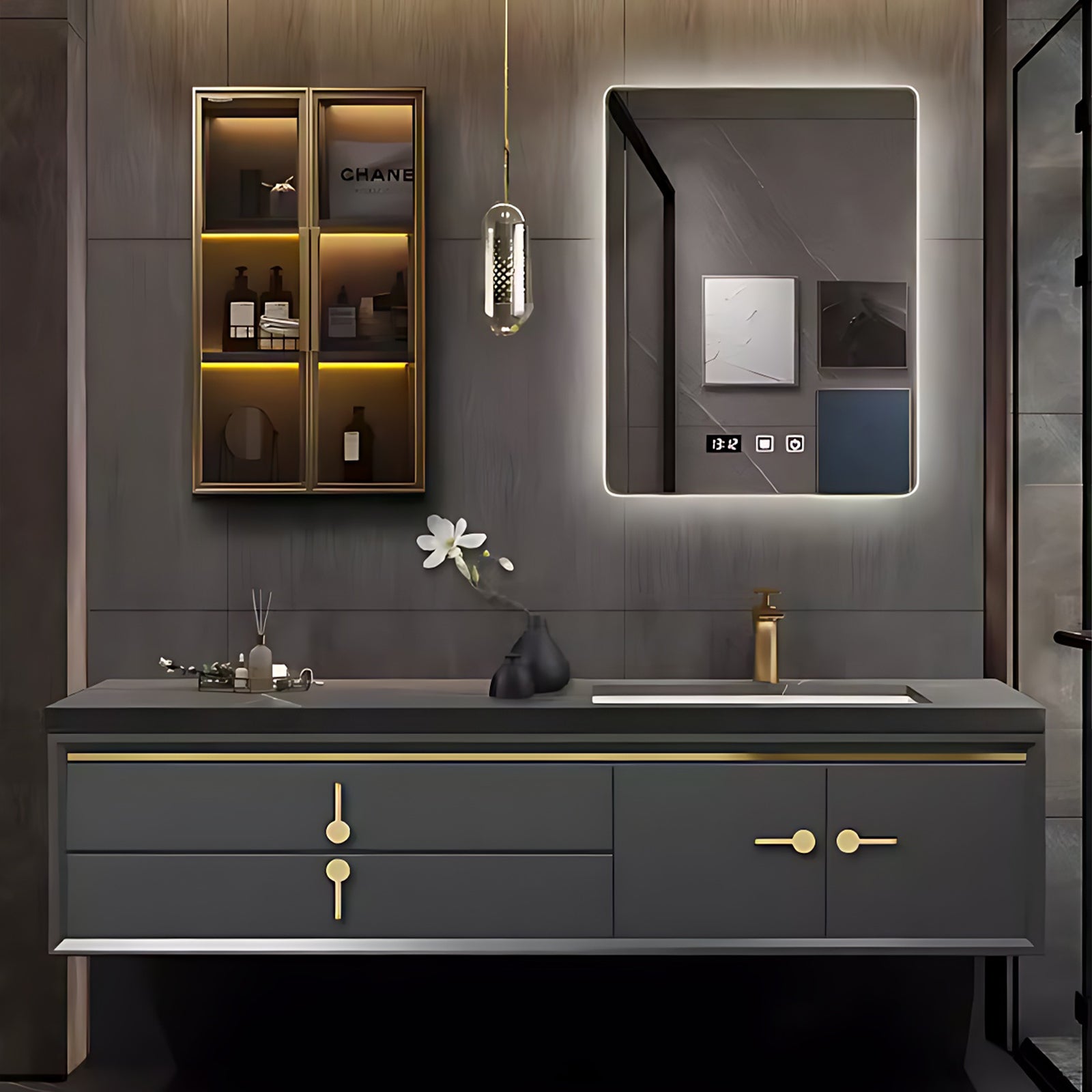 44"- 78" Wall Mounted Single Sink Bathroom Vanity And Smart  Mirror And Cabinet