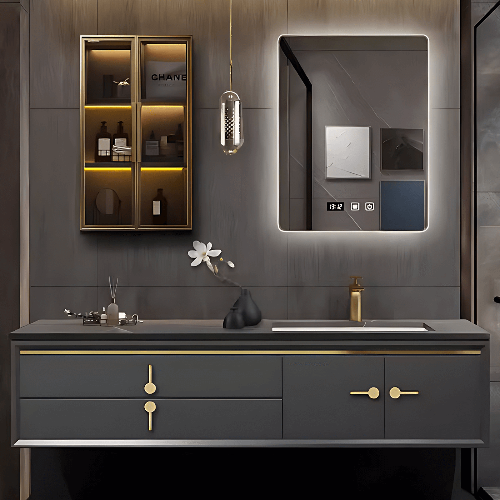 44"- 78" Wall Mounted Single Sink Bathroom Vanity And Smart  Mirror And Cabinet