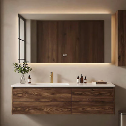 40”-72”Floating Bathroom Vanity with Sink & LED Defog Mirror, Wall Mounted Walnut Wood Vanity with Storage Drawers, Modern Bathroom Cabinet