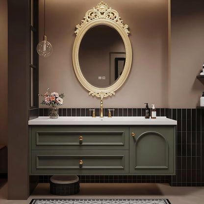 40”-64”Floating Bathroom Vanity with Ornate Gold Oval LED Mirror, Olive Green Vanity with White Top & Gold Hardware