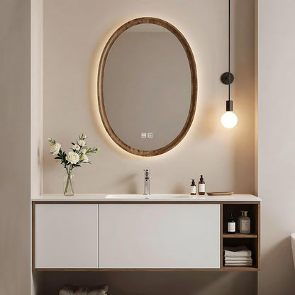 40”-64”Floating Bathroom Vanity with Oval LED Defog Mirror, Wall Mounted White Vanity with Open Storage Shelf
