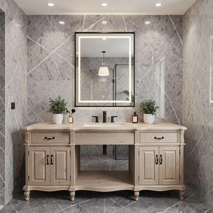 36"-56"Light Oak Traditional Bathroom Vanity with Single Sink & LED Lighted Mirror