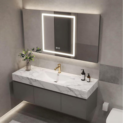 40”-64”Floating Bathroom Vanity with LED Smart Mirror Cabinet, Wall Mounted Gray Vanity with Marble Top & Storage