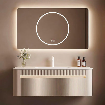 40”-64” Floating Bathroom Vanity with LED Round Defog Mirror, Wall Mounted Cream White Vanity Combo with Storage Drawers, Modern Cabinet