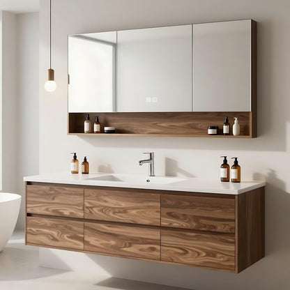 40”-64”Floating Bathroom Vanity with LED Mirror Cabinet, Wall Mounted Walnut Wood Vanity with Storage Drawers & Open Shelf