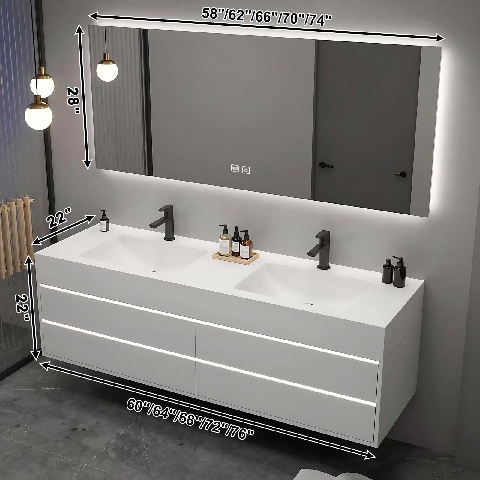 40”-64” Double Sink Floating Bathroom Vanity with LED Backlit Mirror, Wall Mounted White Vanity with Storage Drawers