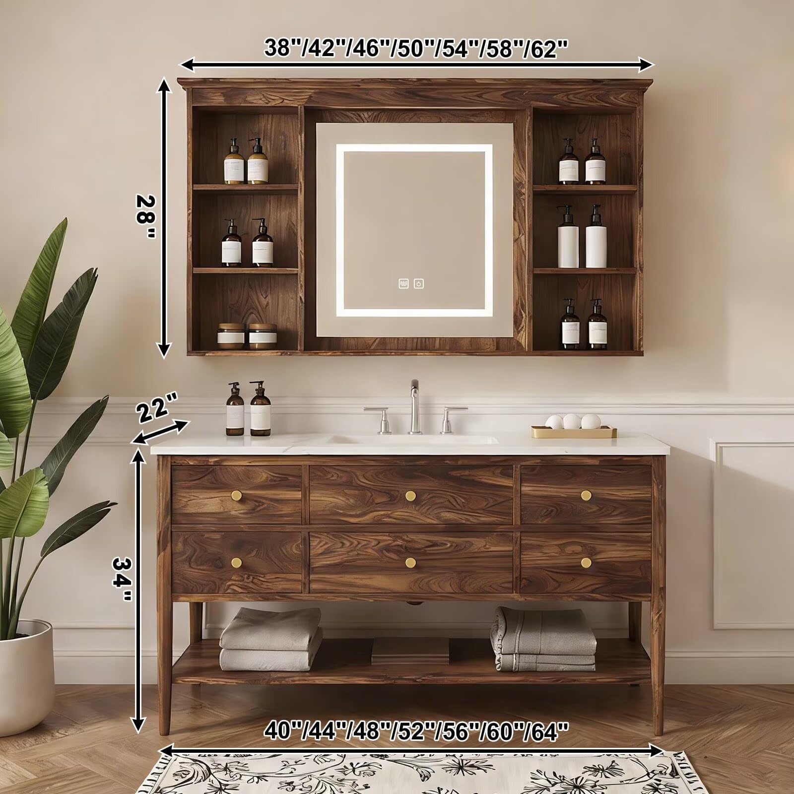 40”-64”Single Sink Freestanding Bathroom Vanity, Walnut Cabinet with LED Mirror & Hutch