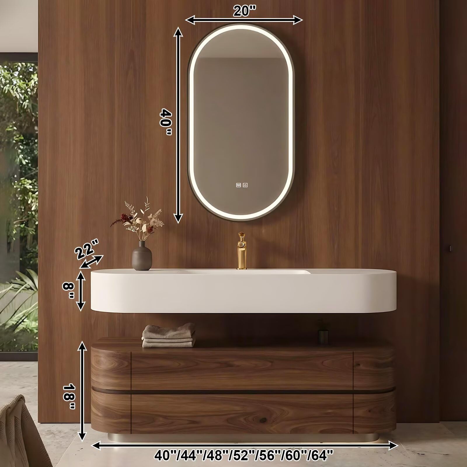40”-64”Floating Bathroom Vanity with Oval LED Defog Mirror, Wall Mounted Walnut Wood Vanity with Integrated Sink & Storage Drawers