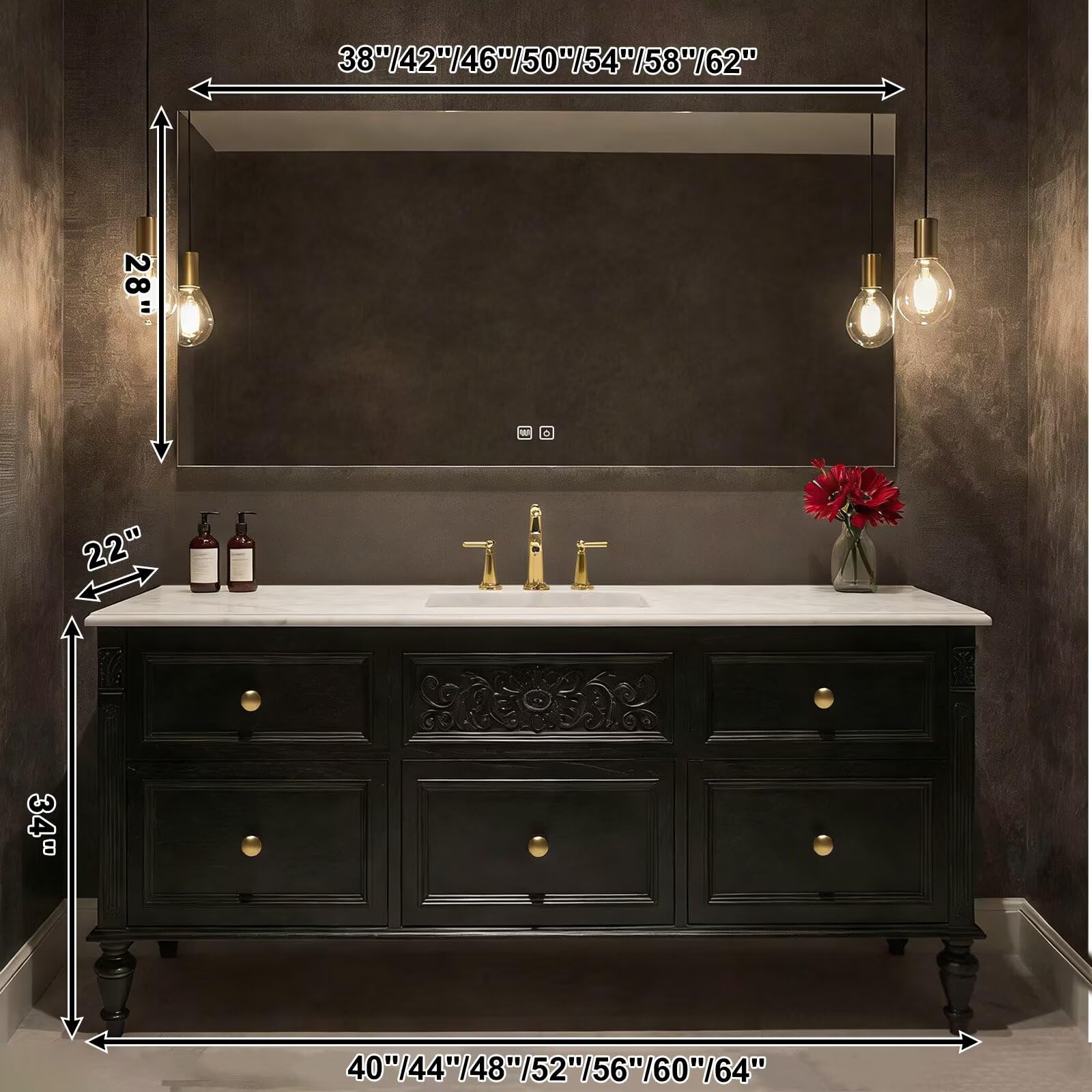 40”-64”Single Sink Freestanding Bathroom Vanity, Black Carved Cabinet with Gold Hardware