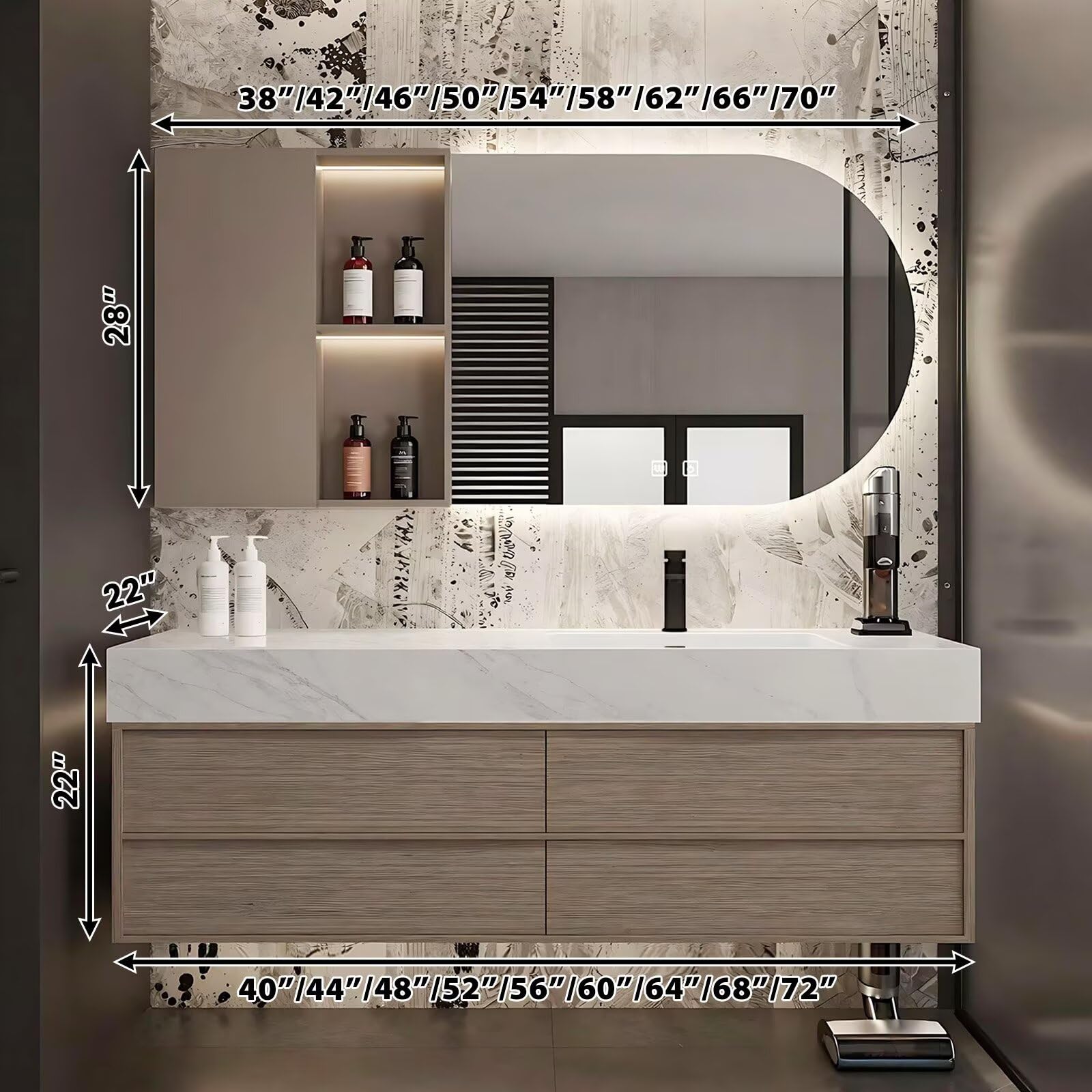 40”-72”Floating Bathroom Vanity with Asymmetrical LED Mirror & Open Shelf, Light Oak Wall Mounted Vanity with Marble Top