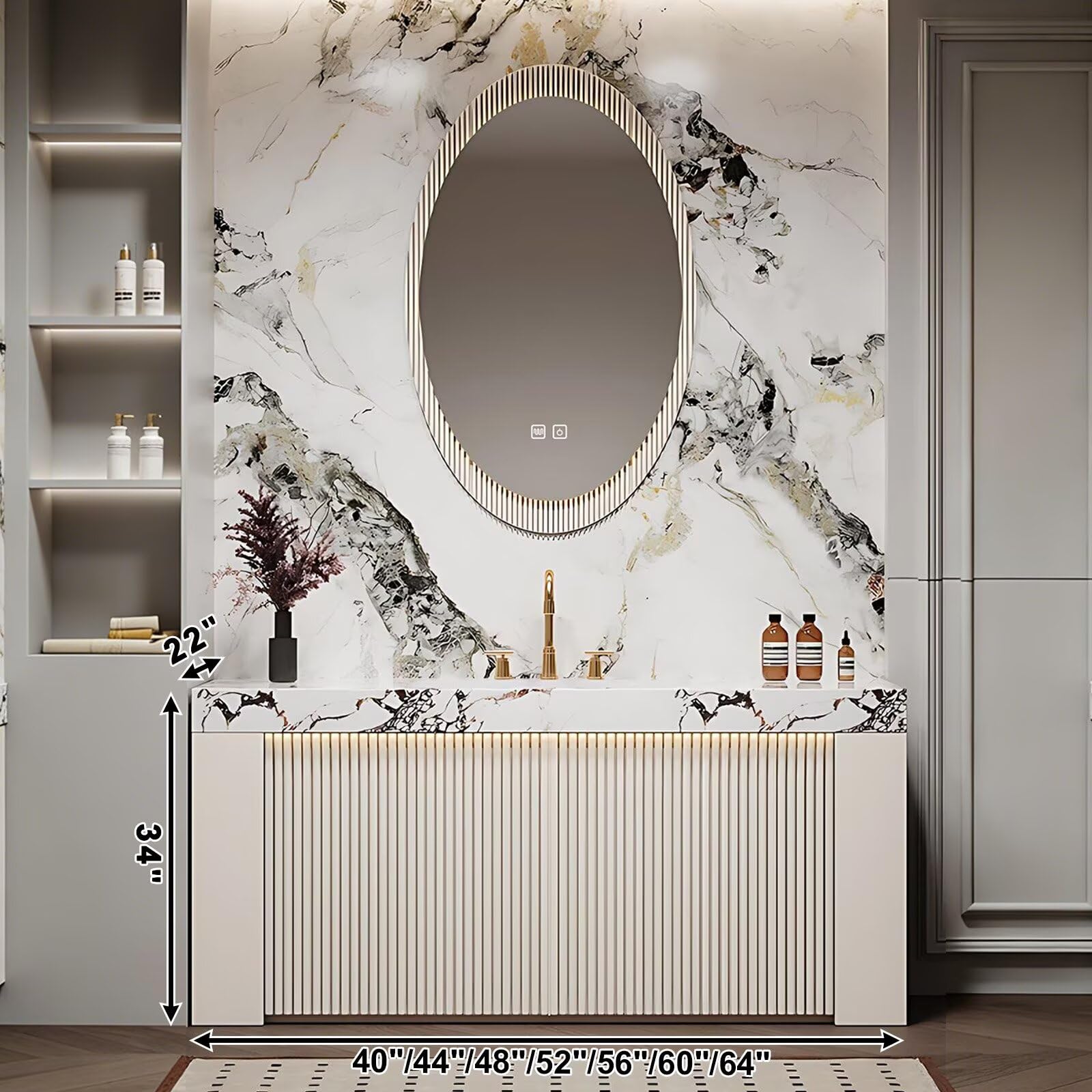 40”-64” Fluted Vanity, White Modern Cabinet with Marble Top & Oval LED Mirror