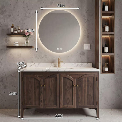 36”-58” Modern Dark Wood Vanity with Sink, Arched Doors & LED Smart Round Mirror