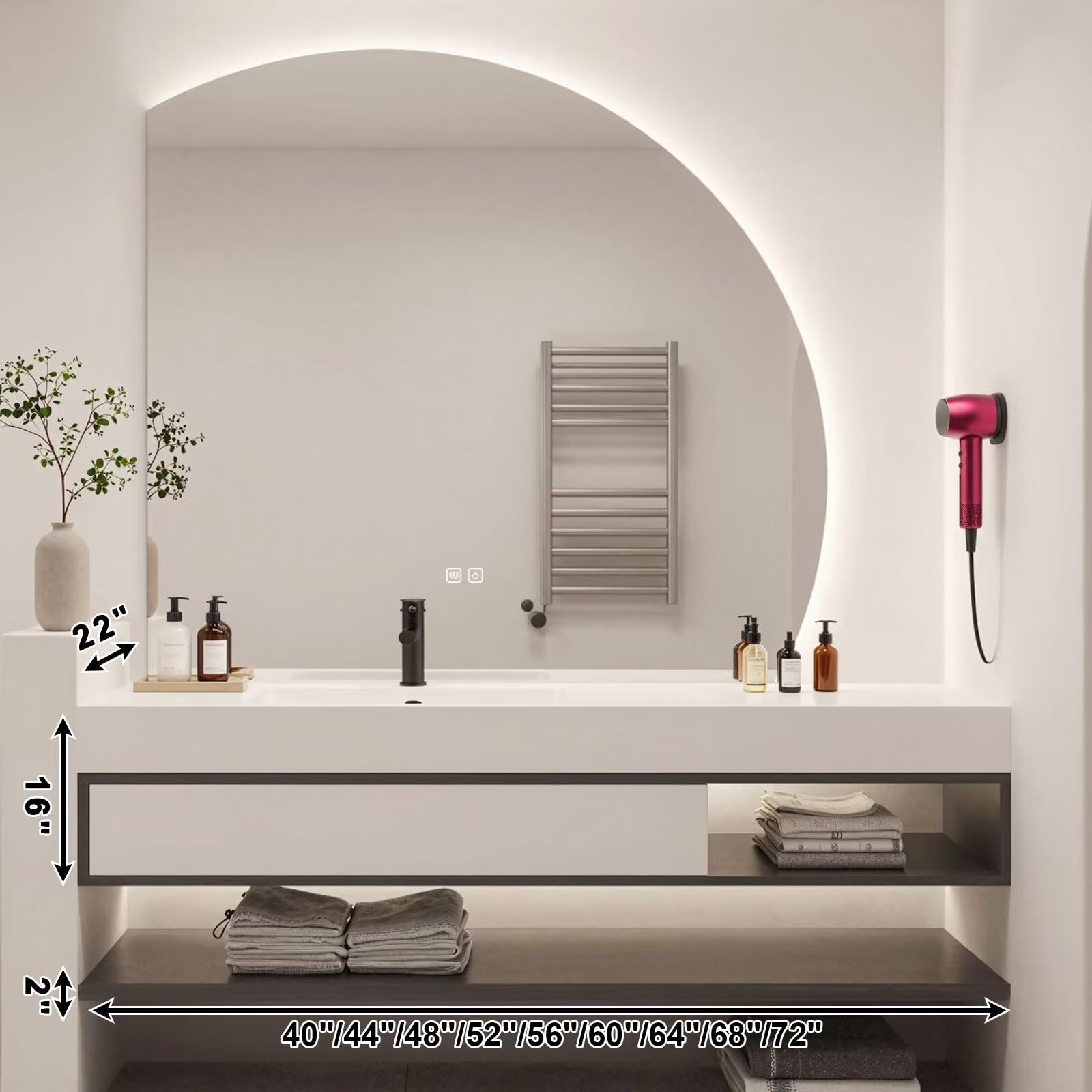 40”-72”Wall Mounted Bathroom Vanity with Arch LED Mirror, Floating Cabinet with Open Shelves, Modern Minimalist, White