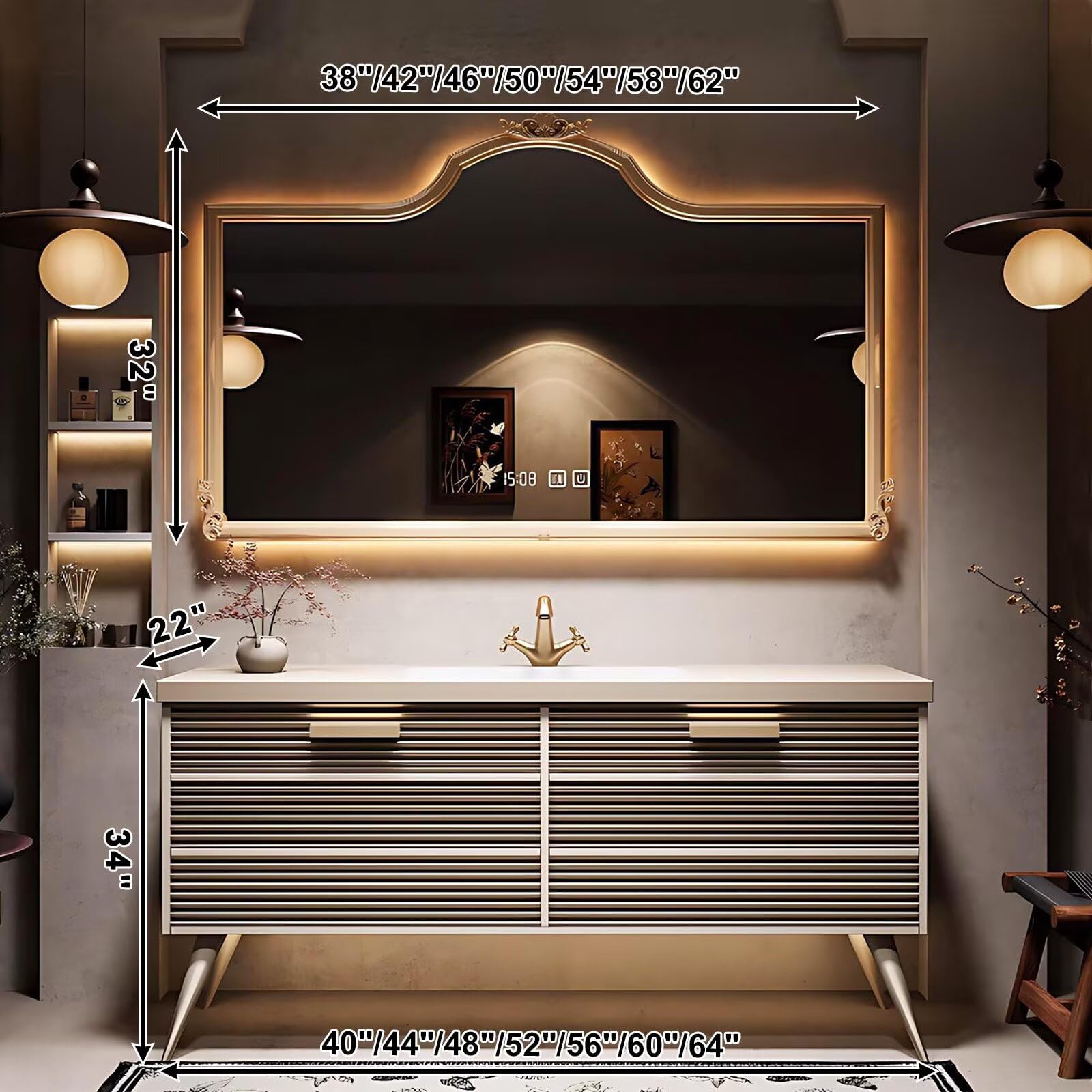 40”-64”Single Sink Freestanding Bathroom Vanity with Ornate LED Mirror, White Fluted Cabinet