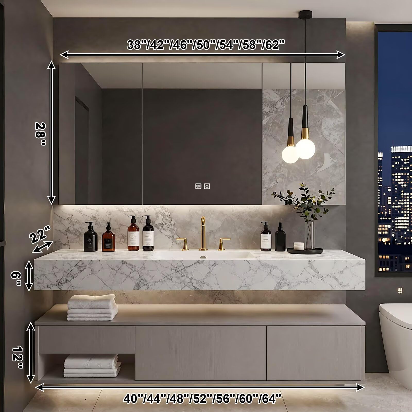 40”-64”Modern Floating Bathroom Vanity w/LED Light Mirror & Marble Pattern Top, Wall Mounted Double Sink Vanity Combo with Storage Drawers