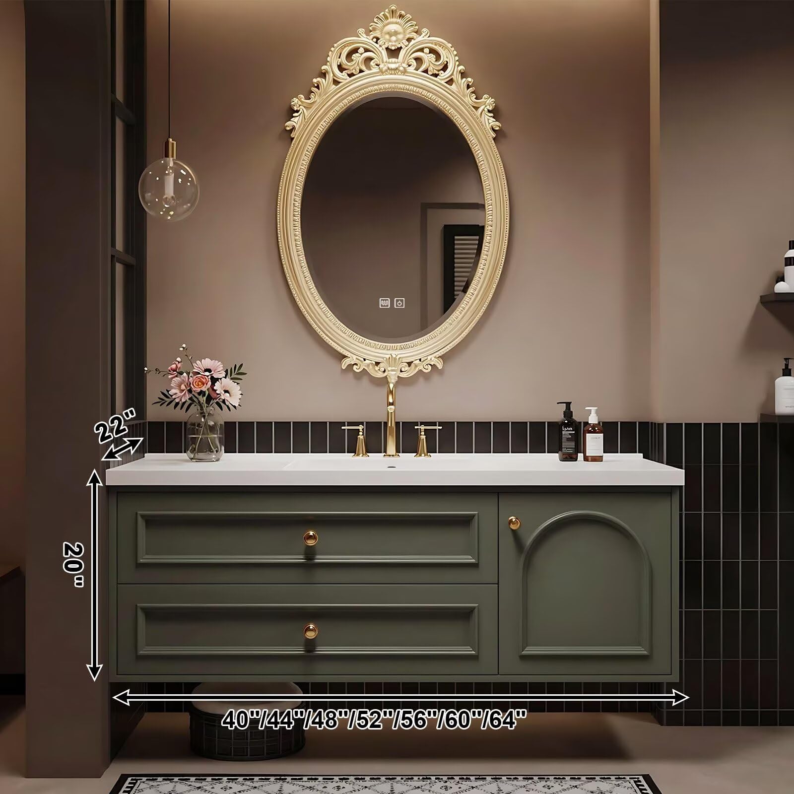 40”-64”Floating Bathroom Vanity with Ornate Gold Oval LED Mirror, Olive Green Vanity with White Top & Gold Hardware