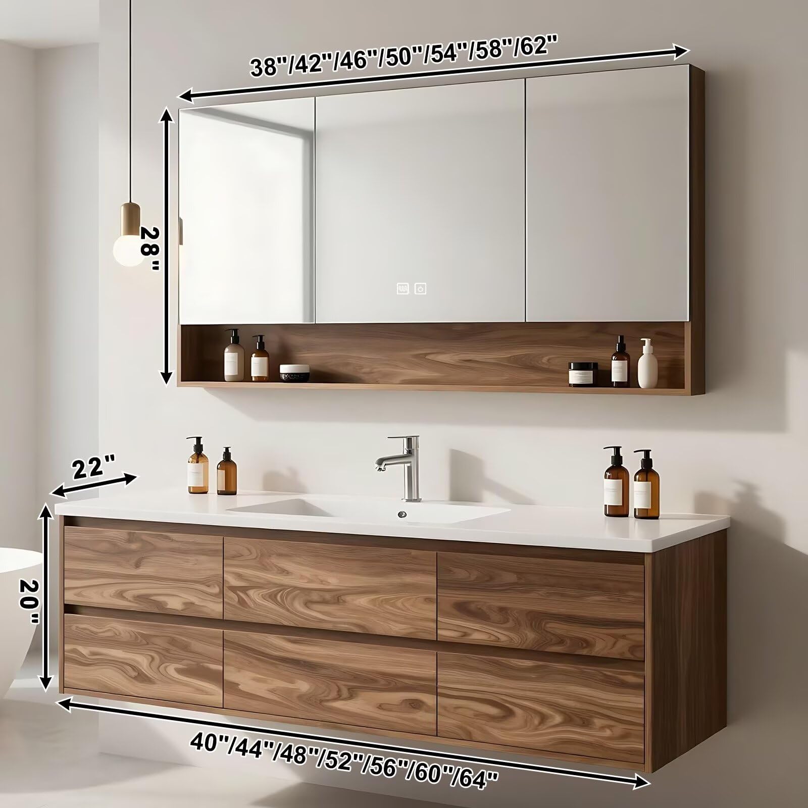 40”-64”Floating Bathroom Vanity with LED Mirror Cabinet, Wall Mounted Walnut Wood Vanity with Storage Drawers & Open Shelf