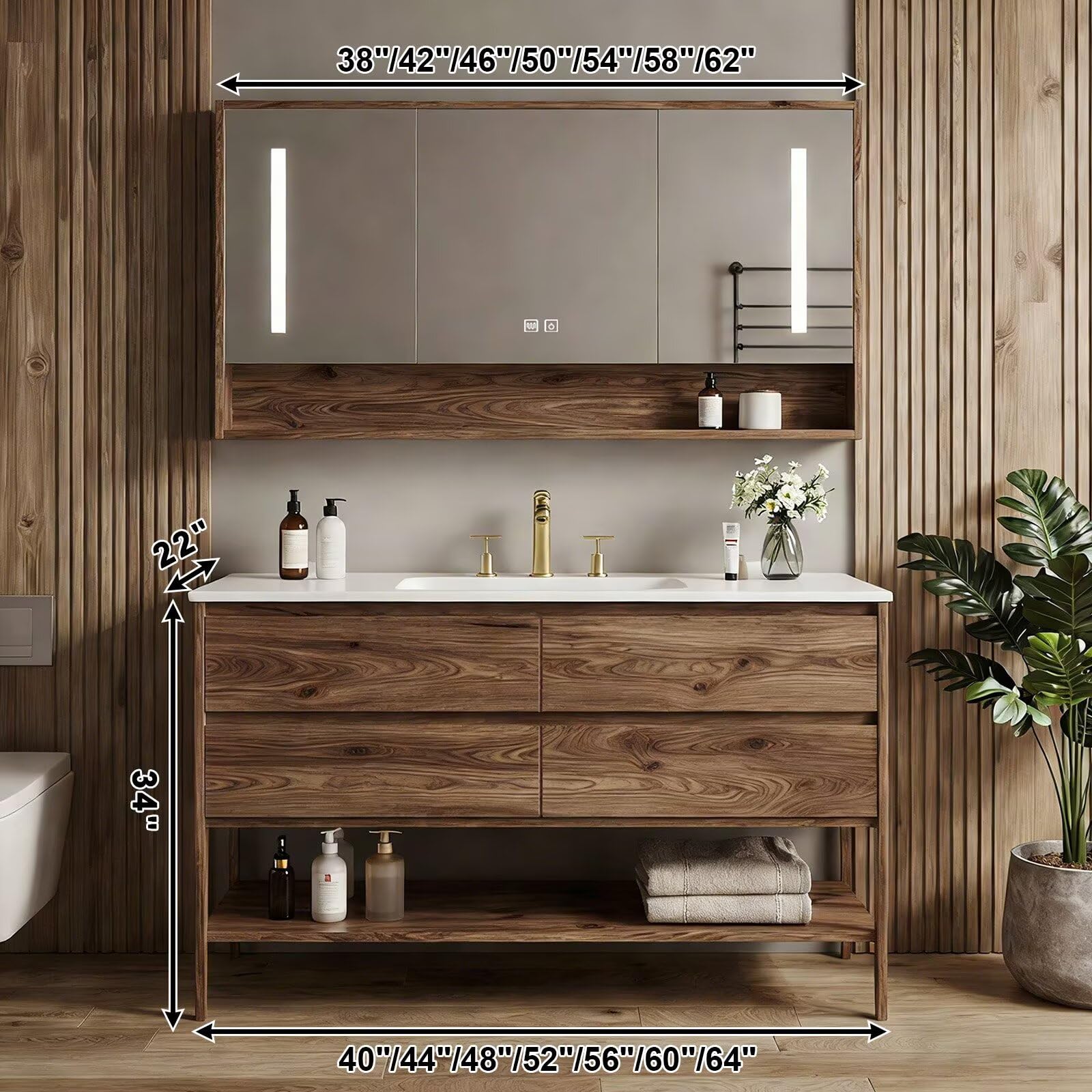 40”-64”Freestanding Bathroom Vanity with LED Mirror Cabinet, Walnut Wood Vanity with White Top & Open Storage Shelf