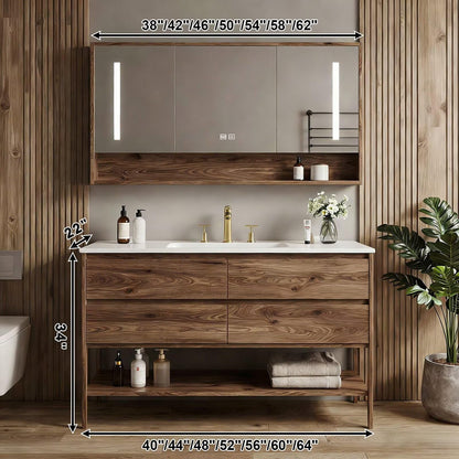 40”-64”Freestanding Bathroom Vanity with LED Mirror Cabinet, Walnut Wood Vanity with White Top & Open Storage Shelf
