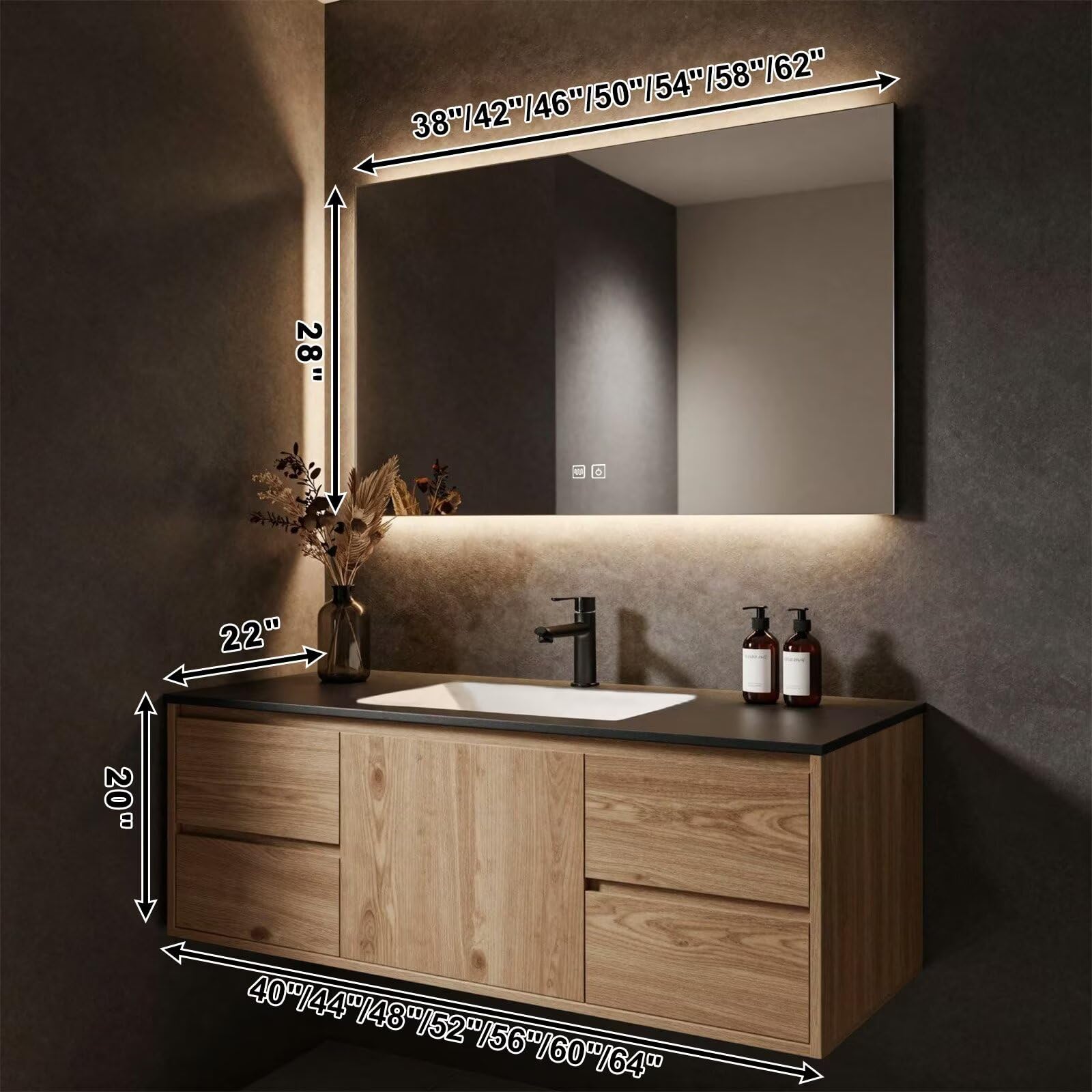 40”-64”Wall Mounted Bathroom Vanity with LED Mirror, Wood Floating Cabinet with Ceramic Sink, Modern Storage Set, Natural